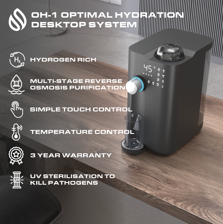 OH-1 6 Stage Desktop Reverse Osmosis Water Purification System with Hydrogen Rich, UV Sterilisation, 4 Water Volume & 4 Temperature Modes. Perfect for all spaces