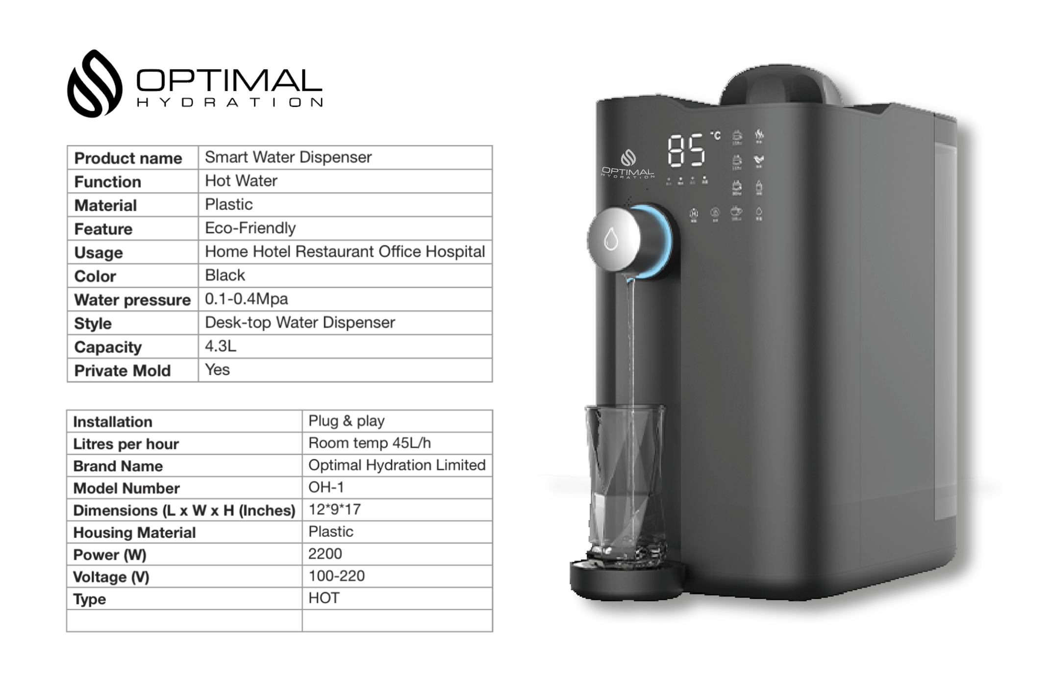 OH-1 6 Stage Desktop Reverse Osmosis Water Purification System with Hydrogen Rich, UV Sterilisation, 4 Water Volume & 4 Temperature Modes. Perfect for all spaces