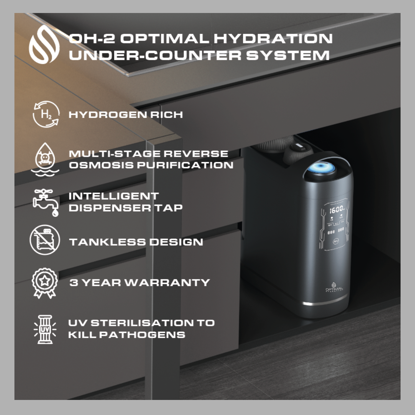 OH-2 6 Stage Under-Counter Reverse Osmosis Water Purification System with Hydrogen Rich, UV Sterilisation